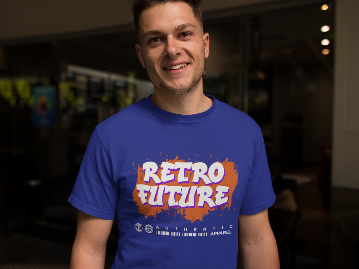 Person wearing a blue t-shirt with 'Retro Future' design in a casual setting