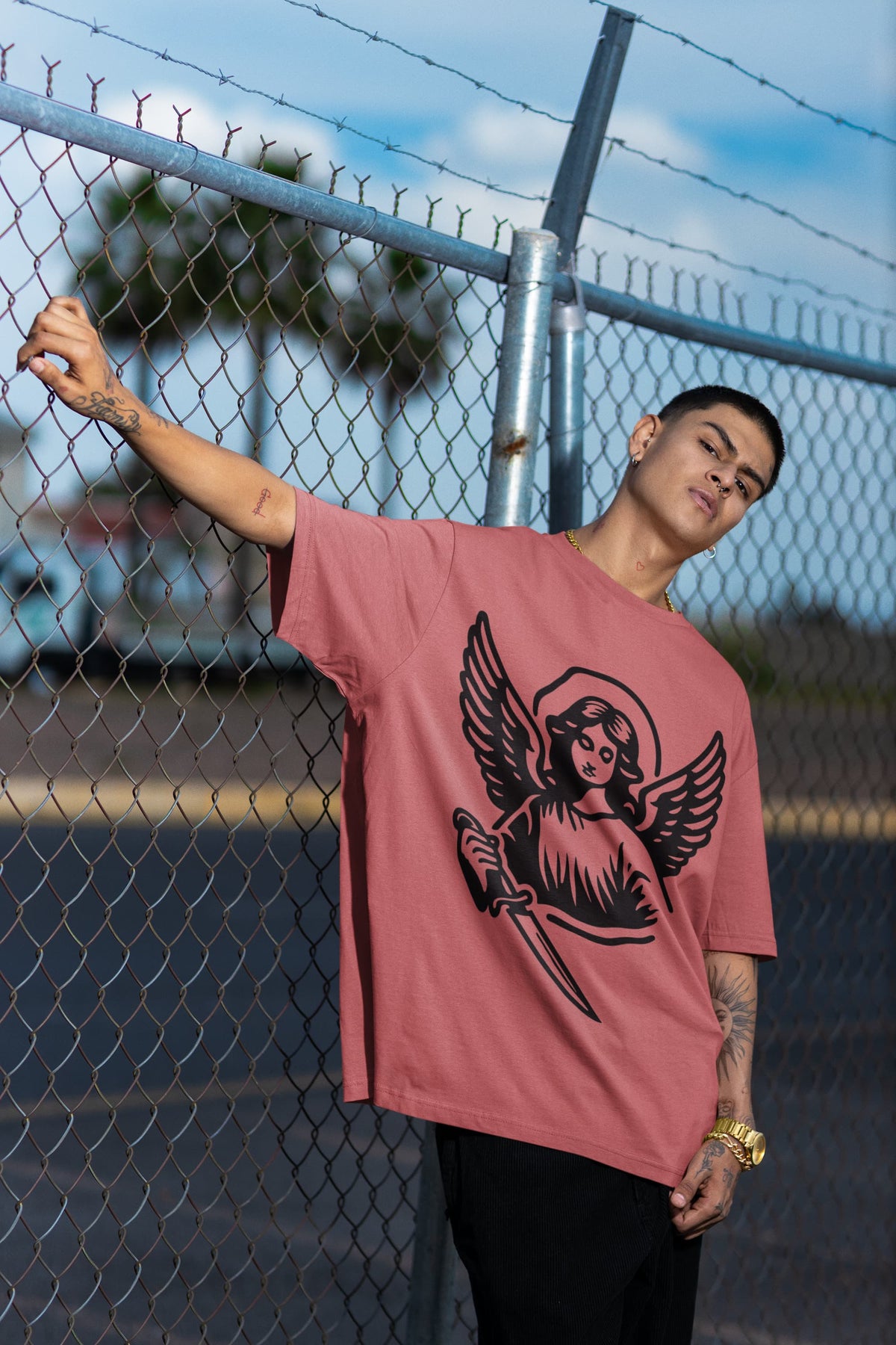 Men's Dusty Rose Oversized Round Neck T-shirts 