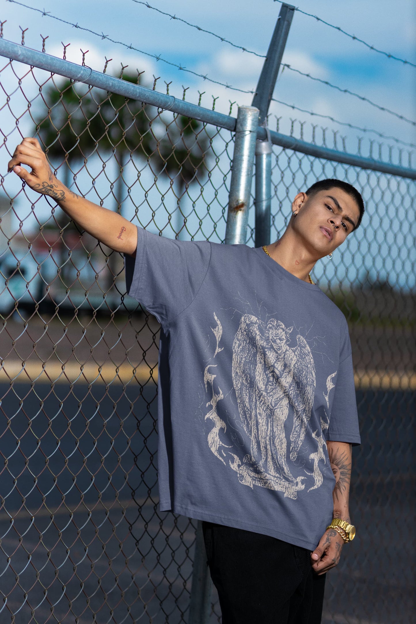 Men's Steel Grey Oversized Round Neck T-shirts