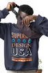Person wearing a navy blue sweatshirt with &