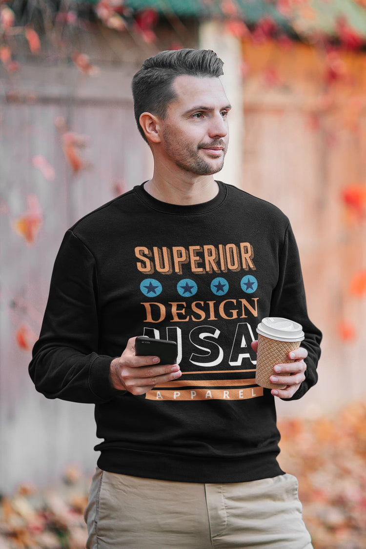 Man wearing a black sweatshirt with &