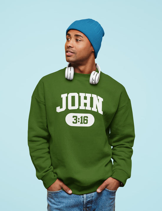 Man wearing a green sweatshirt with &