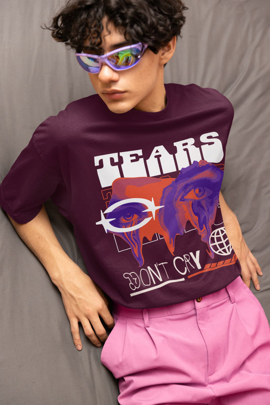 Men's Burgundy Oversized Round Neck T-shirts