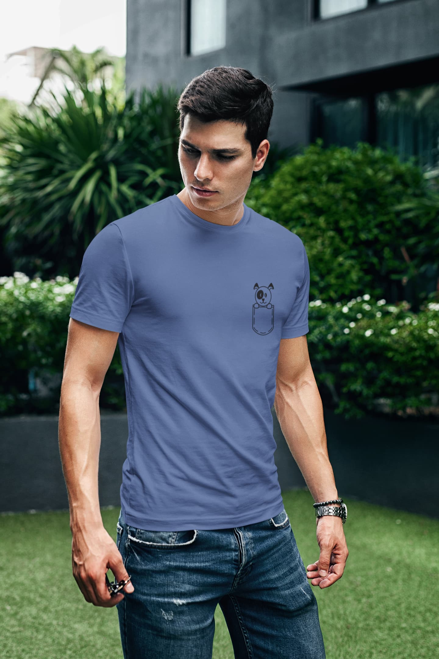 Men's Smoke Blue Round Neck T-shirts
