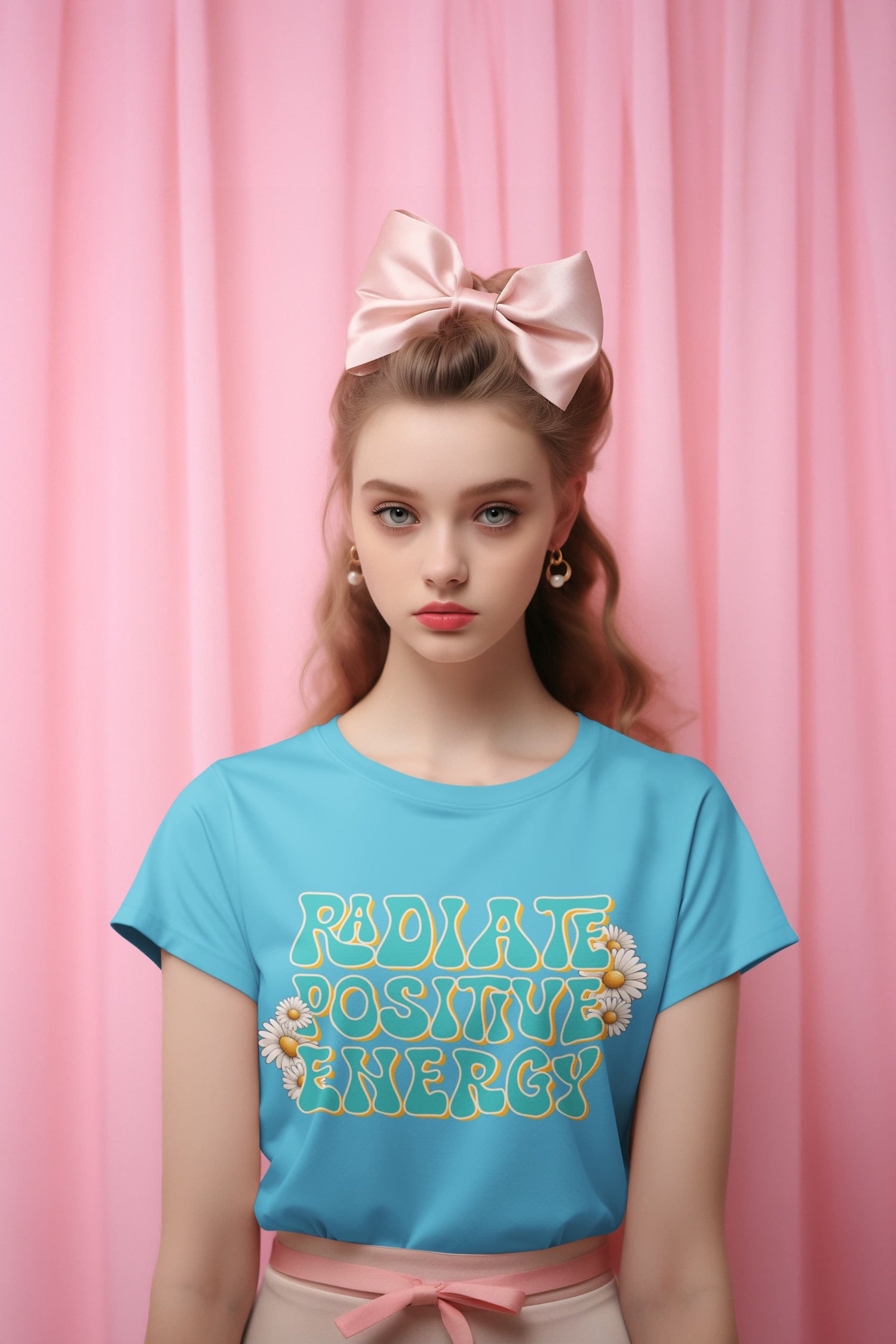 Woman wearing a blue t-shirt with &