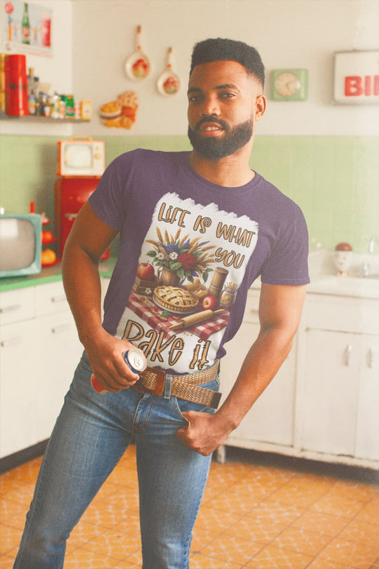 Man wearing a graphic t-shirt in a kitchen setting