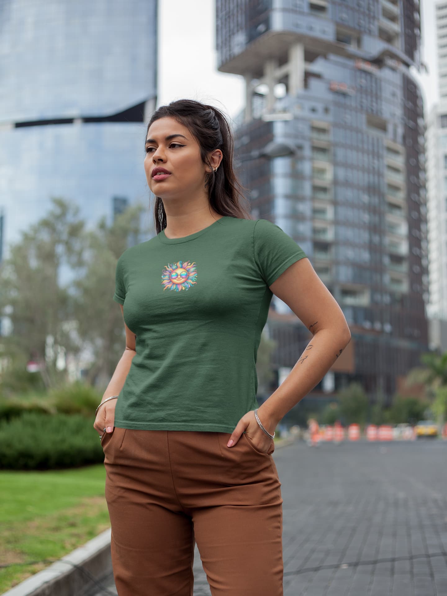 Women's Olive Green Round Neck T-shirts