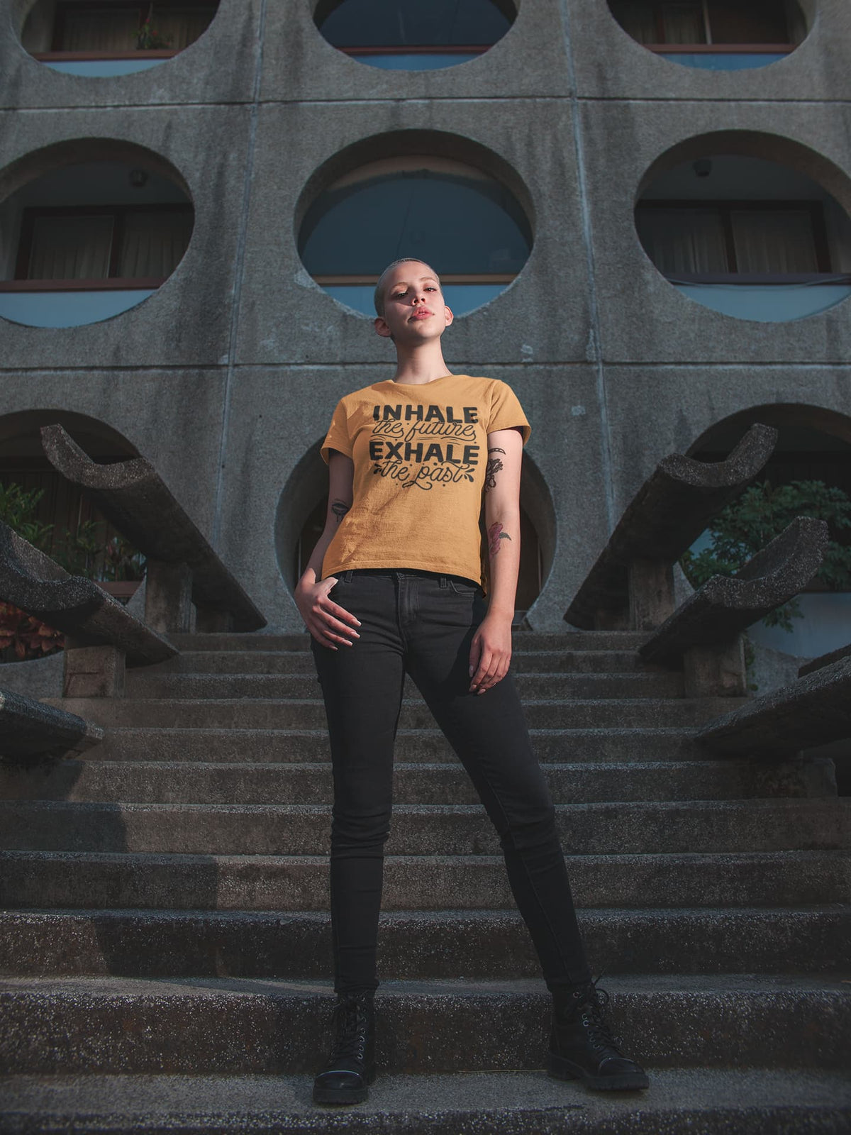 Karavirs® Inhale Mustard Yellow graphic tee for women India