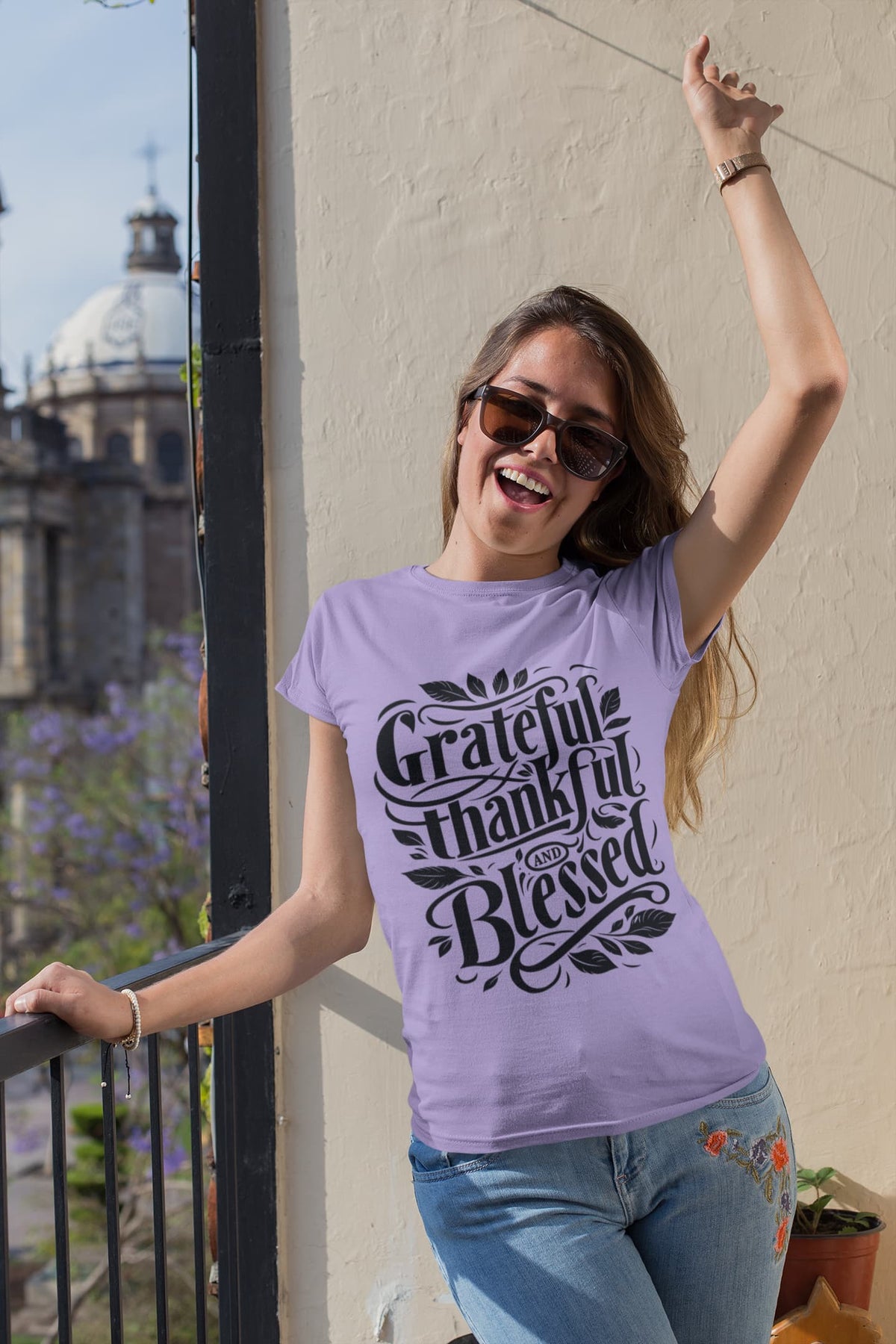 Karavirs® Gratitude Iris Lavender graphic tee for women India