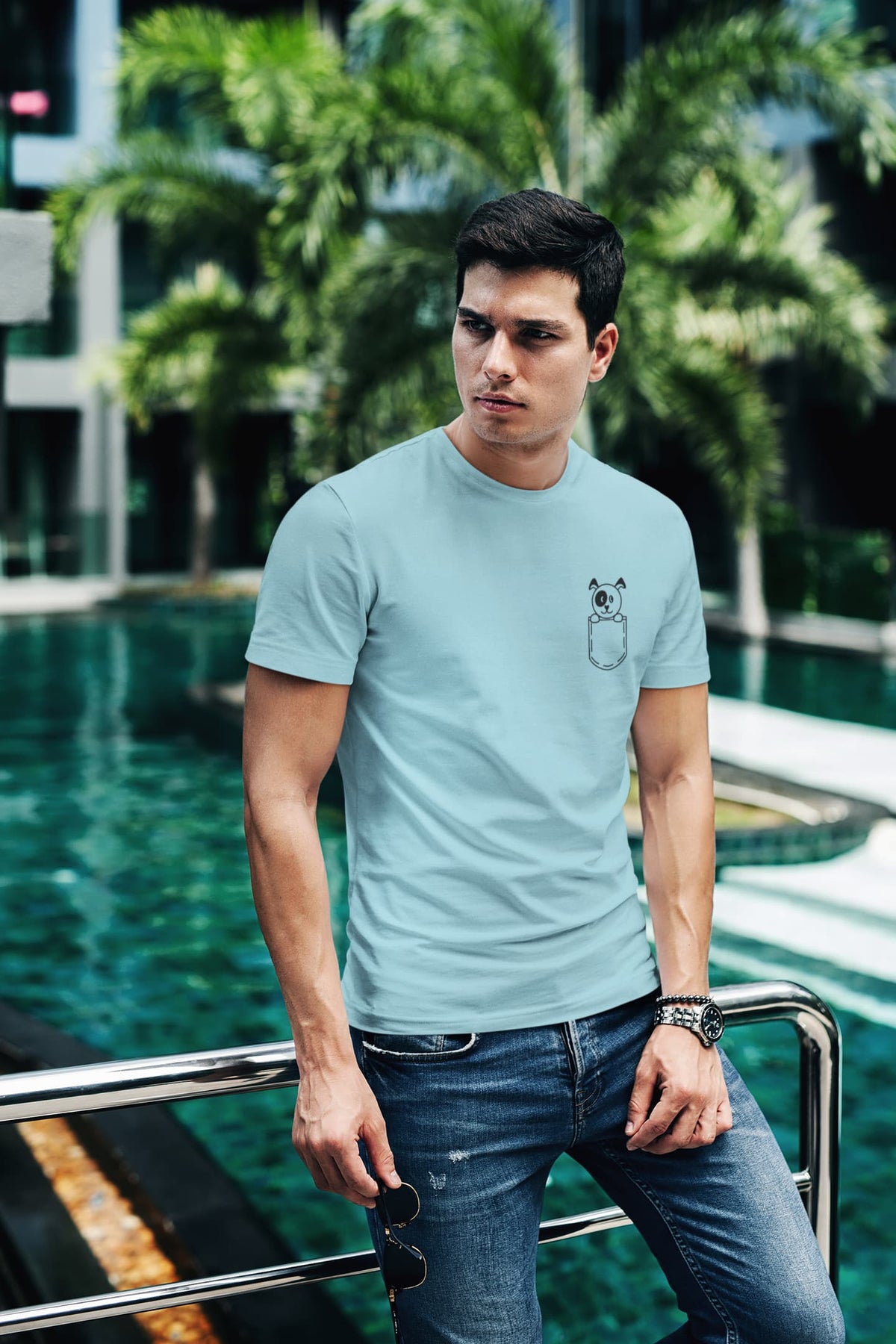 Men's Surf Blue Round Neck T-shirts