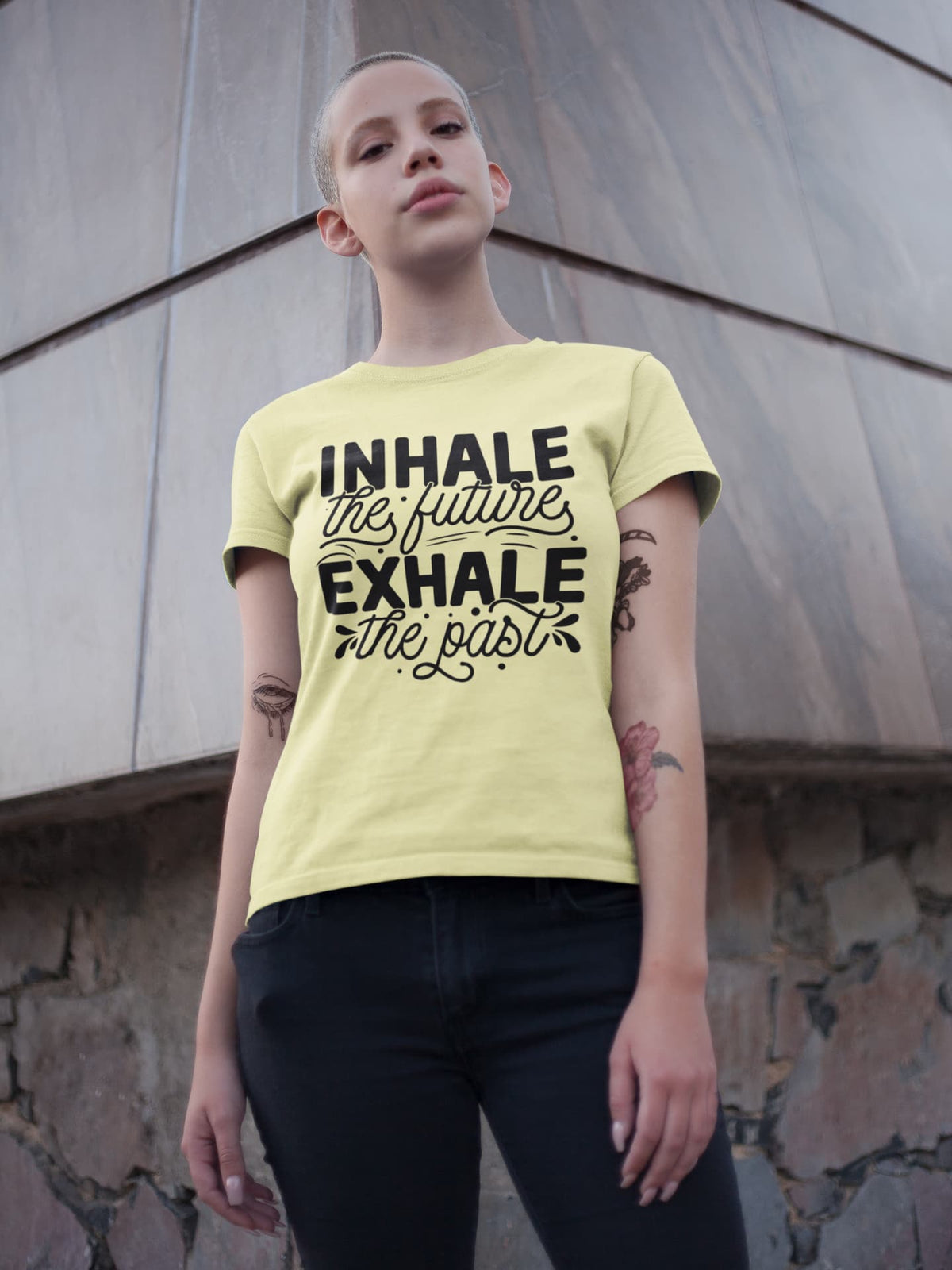 Karavirs® Inhale Butter Yellow graphic tee for women India