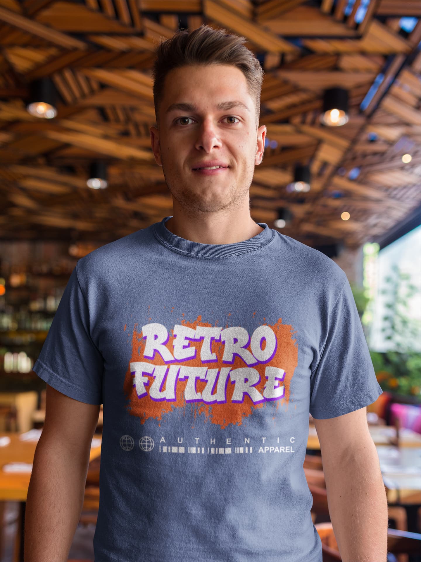 Person wearing a 'Retro Future' t-shirt in an indoor setting with wooden beams.