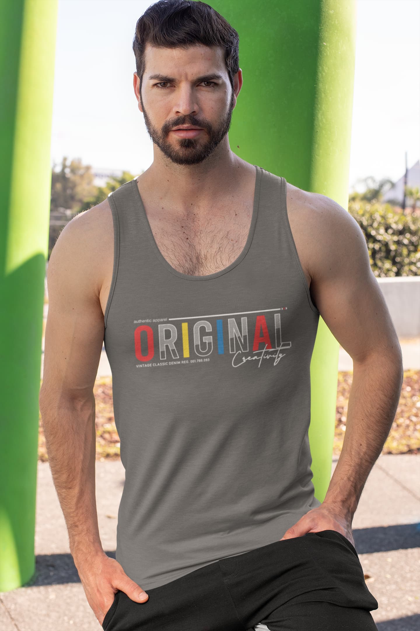 Man wearing a tank top with &