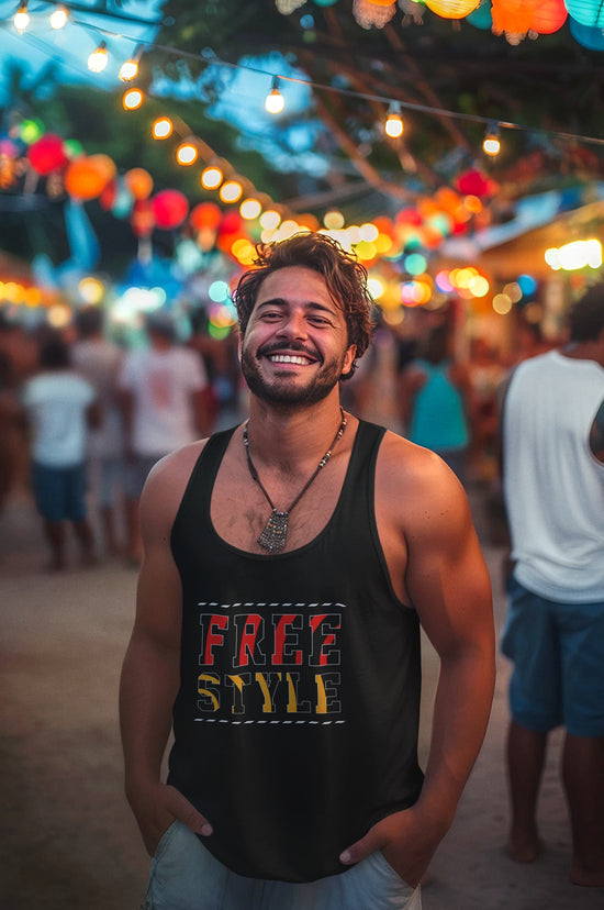 Man wearing a black tank top with &