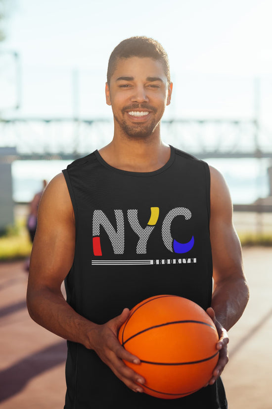 Man holding a basketball wearing a black sleeveless shirt with &